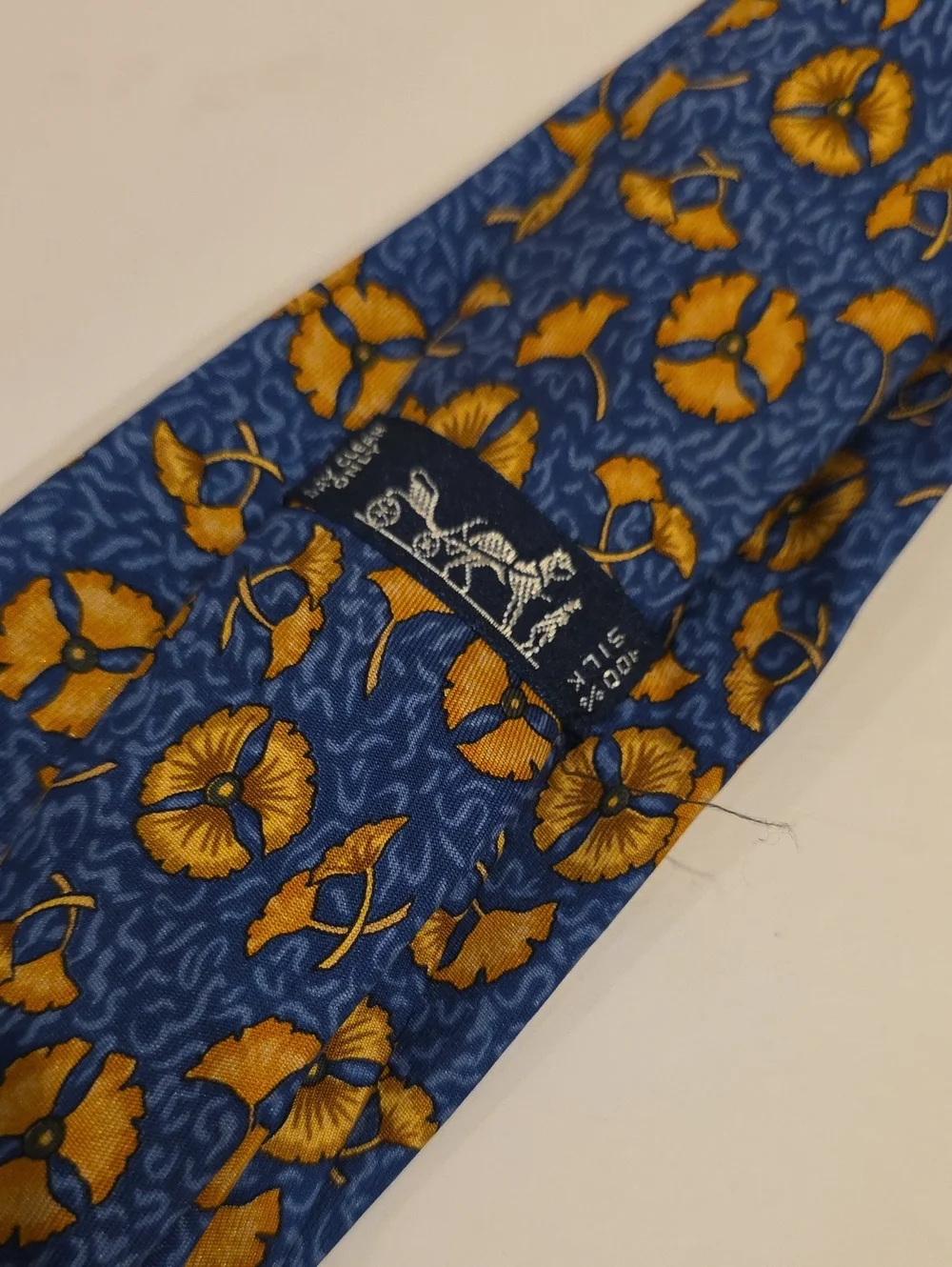 Hermes Flower Tie Silk Made In France Gold And Navy Blue Floral Pattern Authenti